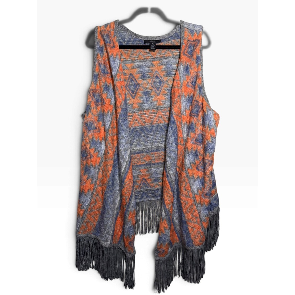 INC International Concepts Women 2X Southwestern Fringe Vest Orange Blue NWT